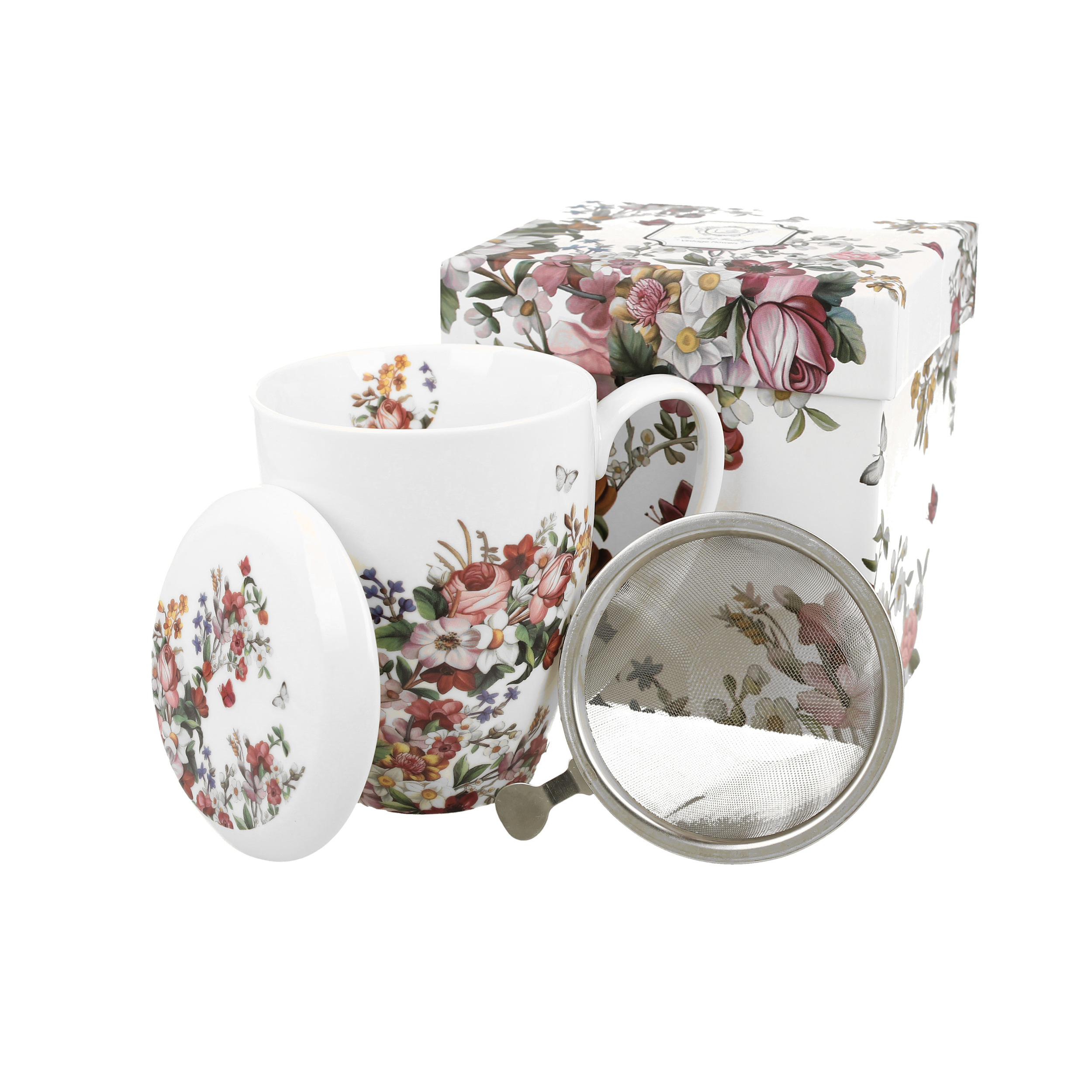 Šolja za čaj Vintage Flowers 360ml sa filterom i poklop. bela Duo