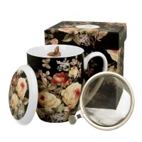 Šolja za čaj Warda 360ml sa filterom i poklopcem crna cvetna Duo